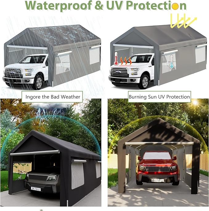 10'x20' Heavy Duty Carport, Garage Car Canopy, with Roll-up Ventilated Windows, Car Shelter w/Side Tarps for Car, Truck, Boat,Gray