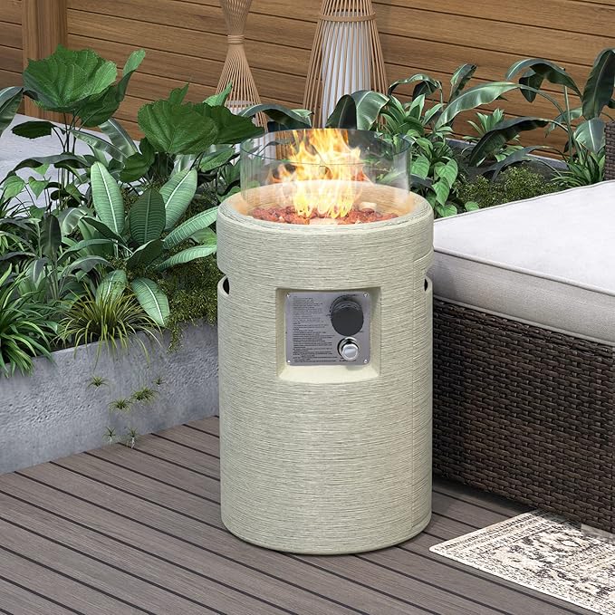 SUNBURY Outdoor Propane Fire Pit, Stone Like Fire Pit Table with Glass Wind Guard, Waterproof Cover, 40000BTUS Small Column Firepit Garden Lighting, CSA Certified (Creamy White)