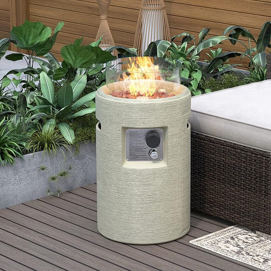 SUNBURY Outdoor Propane Fire Pit, Stone Like Fire Pit Table with Glass Wind Guard, Waterproof Cover, 40000BTUS Small Column Firepit Garden Lighting, CSA Certified (Creamy White)