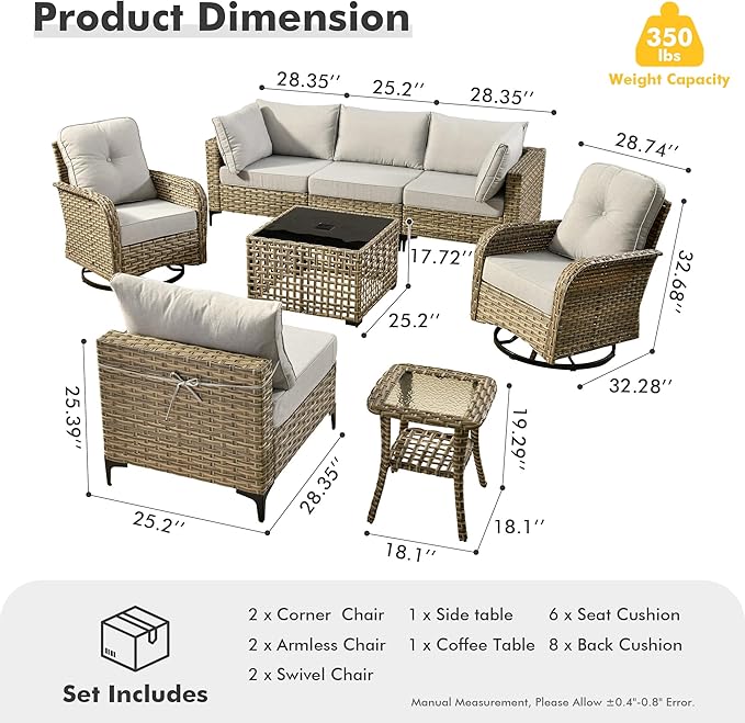 HOOOWOOO Outdoor Patio Furniture Set,8 Pieces Wicker Out Door Sectional Furniture L Shaped Couch,Patio Conversation Sets with Swivel Rocking Chair LED Table,Light Gray