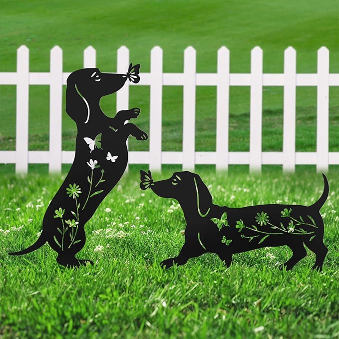 Set of 2 Metal Dog Garden Statues for Outside, Dachshund Metal Garden Decor for Outdoor,Yard,Lawn,Garden Stakes