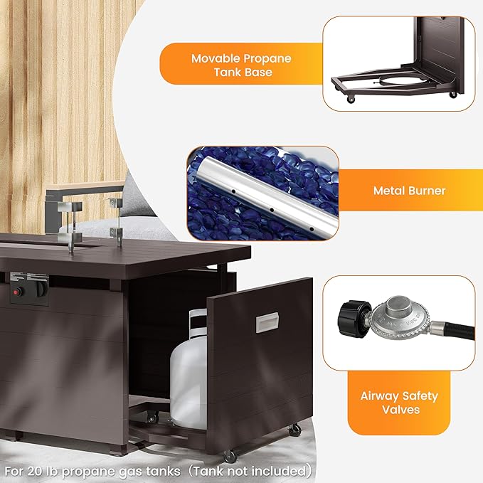 Sundale 50 Inch Outdoor Fire Pit Table, 50,000BTU Rectangle Propane Fire Pit with Glass Wind Guard, Rain Cover, Removable Lid, CSA Certified, Brown