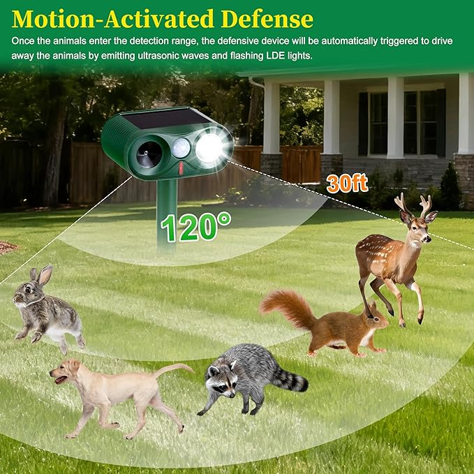 4Pack Solar Ultrasonic Animal Repeller with Strobe Light – for Gardens, Farms and courtyards Outdoor Deterrent for Raccoons, Deer, Squirrels, Cats, Skunks & Foxes