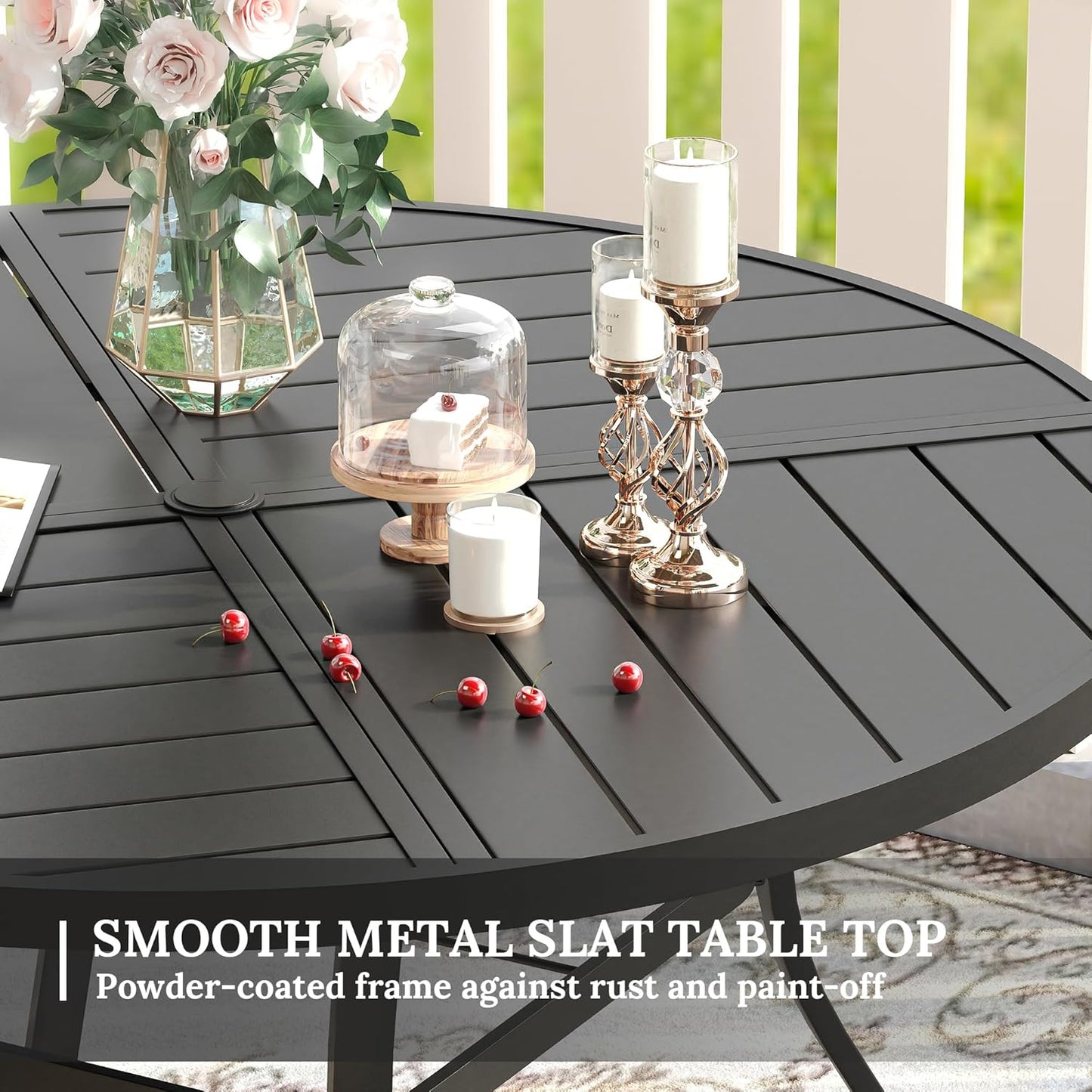 VICLLAX Round Patio Table with Adjustable Umbrella Hole for 4, All Weather Metal Outdoor Dining Table for Lawn Garden, 40.6" Outdoor Coffee Table, Black Tabletop