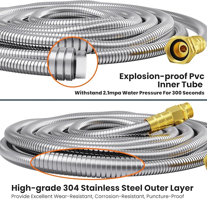 Girafe Tools Garden Hose 75ft x 5/8", 304 Stainless Steel Metal Water Hose, No Kink Garden Water Hose with 9 Pattern Spray Nozzle, Flexible, Lightweight, Kink Free Hose for Yard, Outdoor
