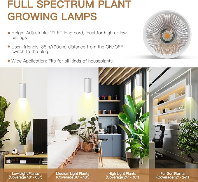 STERREN Pendant Grow Lights,30W Full Spectrum Plant Light with On/Off Switch, Auto Timer White Plug in Hanging Lights for Indoor Plants with 21 FT Height Adjustable Power Cord