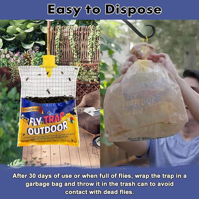 Disposable Fly Traps 4 Pack Big Bags Outdoor, Flies Catcher Traps with Natural Pre-Bait Refill Repellent, Stable Horse Ranch Trapper Outdoor Hanging Fly Killer Helps Control Flies