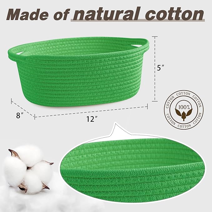 Pro Goleem Small Woven Basket with Gift Bags and Ribbons Durable Baskets for Gifts Empty Small Rope Basket for Storage 12"X 8" X 5" Baby Toy Basket with Handles, Grass Green