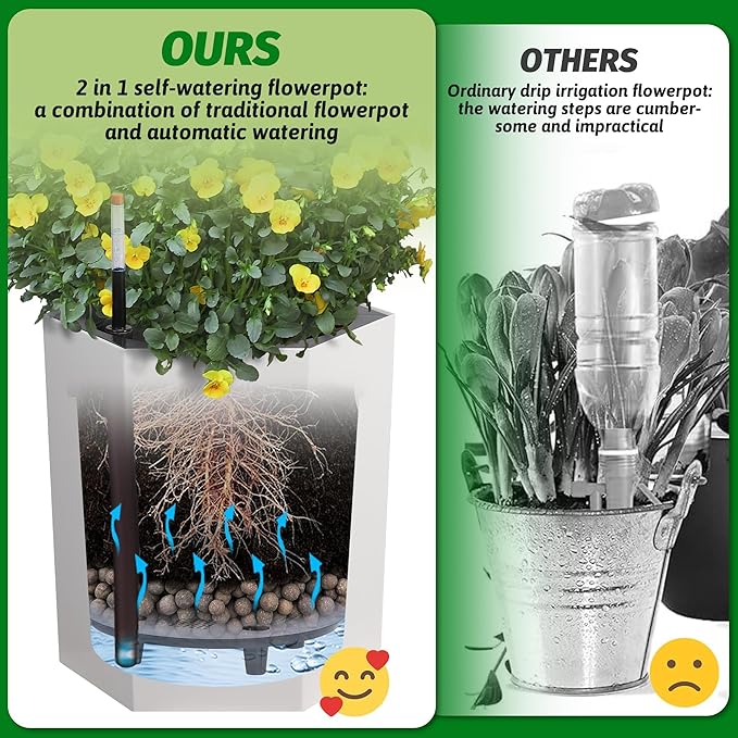 Hexagon Flower Pot, Self-Watering Planter with Water Level Monitoring, Bottom Wheels and Water Outlet, Outdoor & Intdoor Planter Box for Garden, Patio, Balcony, Lounge, White