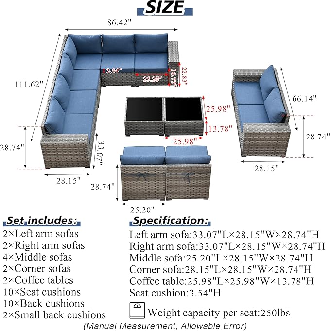 HOOOWOOO 12 Piece Modular Patio Outdoor Sectional Furniture Sofa Set,Wicker Conversation Set,Out Door Couch Set with Wide Arm for Outside All Weather(Denim Blue)
