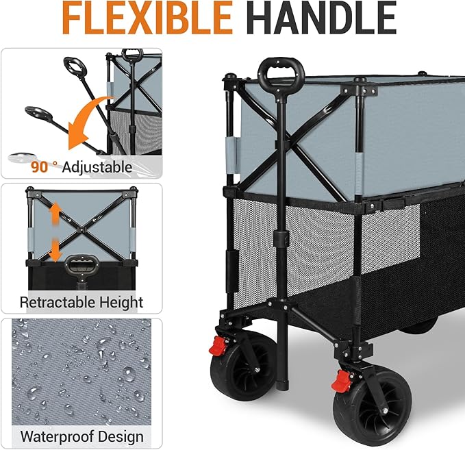 Taifa Longer Foldable Collapsible Double Decker Wagon Cart, Heavy Duty Portable Beach Utility Grocery Wagon Cart with Big Wheels and Brakes for Sand, Camping Outdoors, Grey