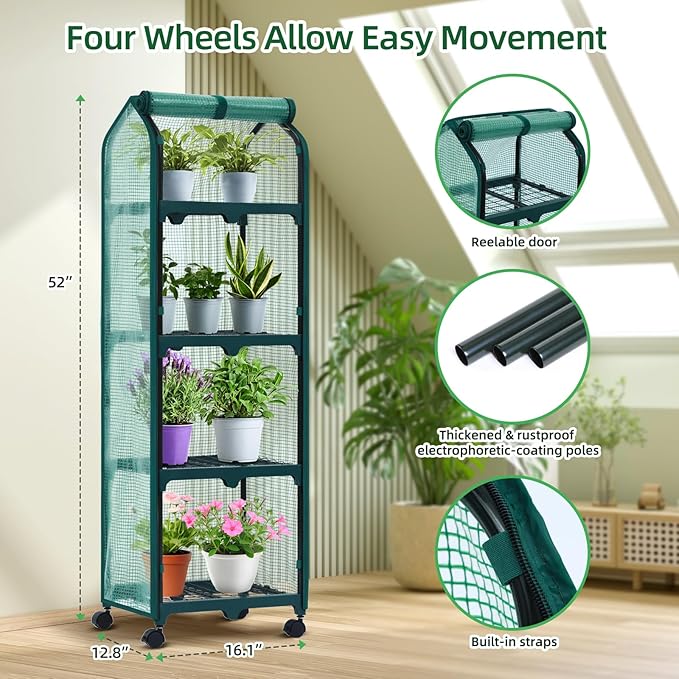 Ohuhu Mini Greenhouse for Indoor Outdoor, Small Plastic Plant Green House with Locking Wheels Portable Greenhouses with Durable Cover for Seedling, Ideal Gardening Gifts for Women Men Green