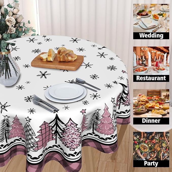 Giwawa Christmas Round Tablecloth 60 Inch,Snowflakes Pink Buffalo Plaid Xmas Pine Trees Farmhouse Washable Polyester Fabric Table Cover for Kitchen Winter Holiday Party Table Decor