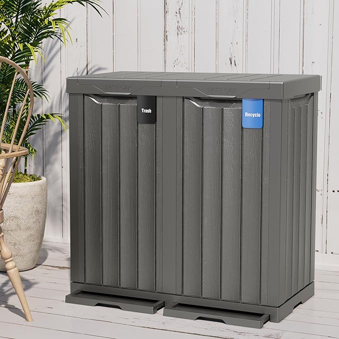 EAST OAK 62 Gallon Outdoor Trash Can | Waterproof Resin Garbage Can with Recycle and Garbage Labels | Secure Bag Lip Lock and Drip Tray | Outside Trash Bin for Patio | Kitchen, Backyard or Deck | Gray