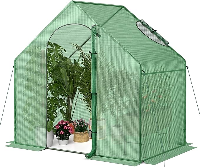 HAPPYGRILL Walk-in Greenhouse, 6 x 3 x 5.5 FT Portable Outdoor Green House for Winter w/ PE Cover, Rustproof PE-Coated Metal Frame, Roll-up Zippered Door, Window, Greenhouse for Outdoors