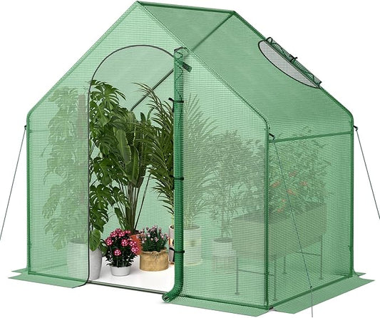 HAPPYGRILL Walk-in Greenhouse, 6 x 3 x 5.5 FT Portable Outdoor Green House for Winter w/ PE Cover, Rustproof PE-Coated Metal Frame, Roll-up Zippered Door, Window, Greenhouse for Outdoors