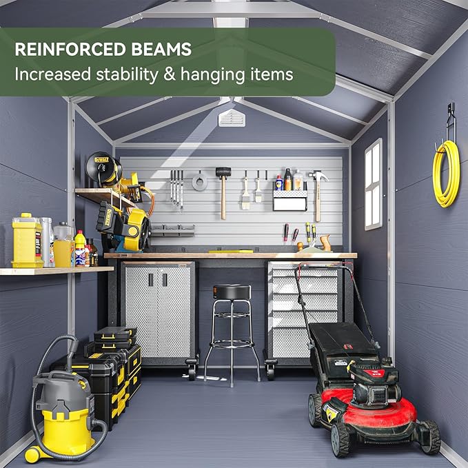 Aoxun 8 x 6 FT Outdoor Storage Shed with Window, Resin Shed with Floor & Lockable Doors, Garden Shed Waterproof Plastic Tool Shed with Sloped Roof for Backyard, Garden, Patio, Lawn, Grey