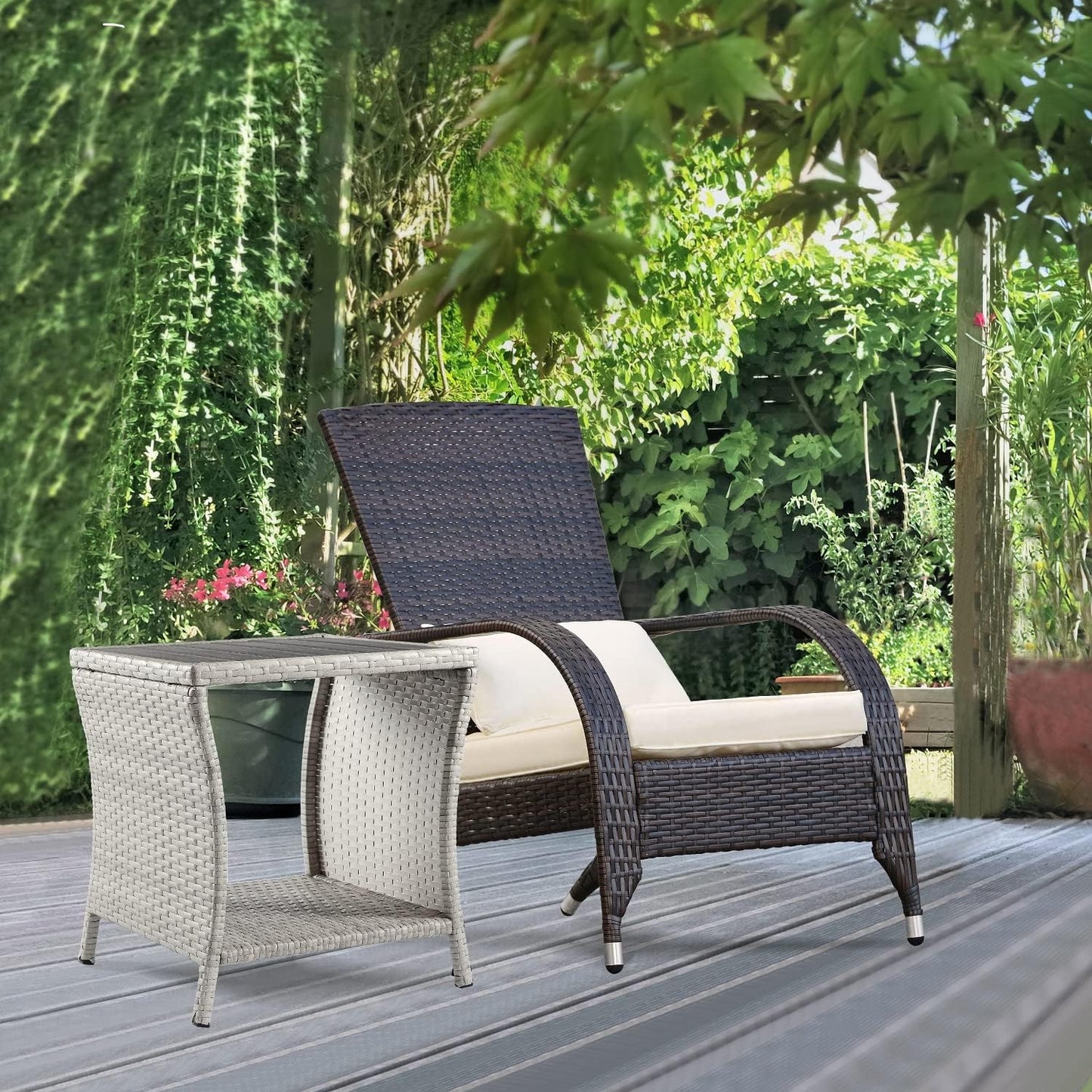 Outdoor Side Table for Patio Small Rattan Wicker Coffee Table Balcony Table Outside End Table with Poly Lumber Table Top & Storage Bistro Table for Garden Porch Deck Living Room Backyard Grey