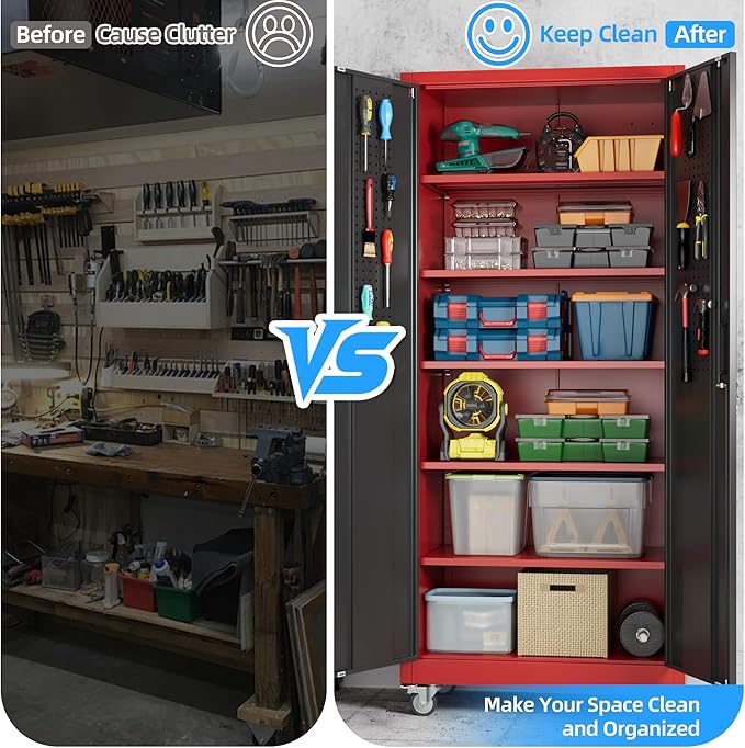 71"H×32"W×16"D Rolling Tool Storage Cabinet with 5 Adjustable Shelves and Pegboard,Metal Garage Storage Cabinet with Wheels for Garage Home Office Utility Room,Required Assembly, Red and Black