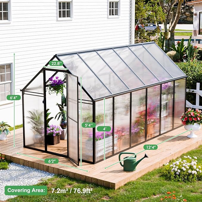 CDCASA 12x6 FT Greenhouse for Outdoors, Easy Assembly Thicker Aluminum Heavy Duty Polycarbonate Greenhouses Kit w/2 Window, Swing Door, Walk-in Green House for Outsides, Sunroom, Backyard, Garden
