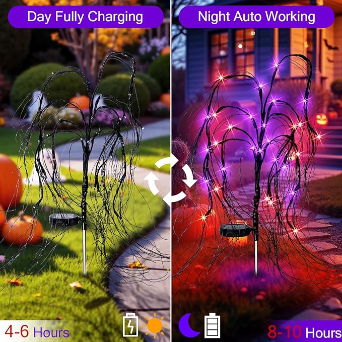 4 Pack Halloween Solar Lights Outdoor, 128 LED Weeping Willow Tree Stake Lights with 8 Mode, Waterproof Solar Pathway Lights for Garden Patio Yard Outdoor Decor (Purple Orange)
