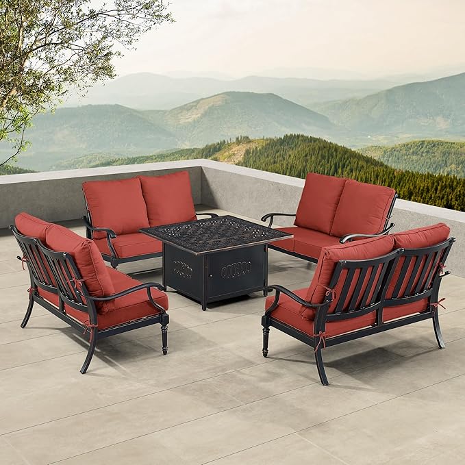 Oakland Living Black Aluminum Patio Fire Table Set with Four Deep Seating Loveseat with Cushions with Red Cushions