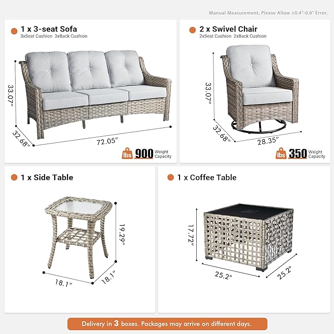 5 Pieces Patio Outdoor Furniture Set with Swivel Rocking Chairs,All Weather Wicker Rattan Patio Seating Sofa and Chair Set w/Glowing Table,Outdoor Conversation Sets for Deck Yard Garden,Grey