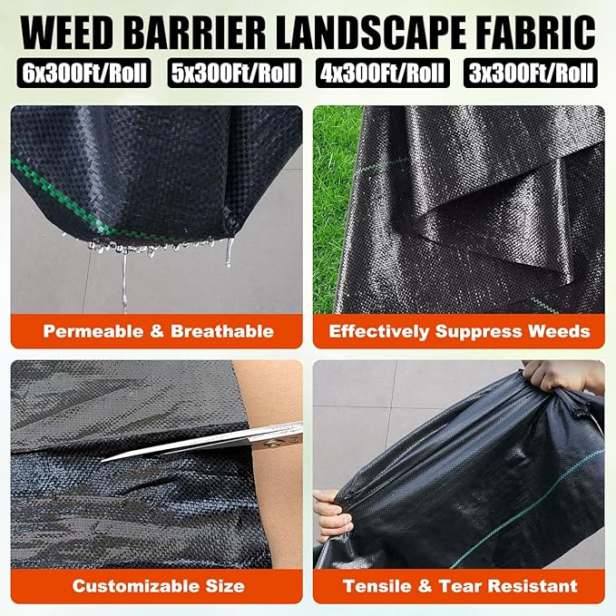 Durable PE Weed Barrier Landscape Fabric, Weed Block Gardening Ground Cover Mat, High Permeability for Weed Blocker Weed Mat, Driveway Fabric, Weed Control Garden Cloth (5x300Feet/Roll)