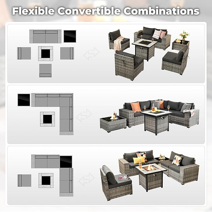 ovios 7 Pieces Patio Furniture Set, Outdoor Wicker Sectional Sofa with 30 Inch Fire Pit Table Comfy Cushions, Modern Modular Deep Seat Rattan Couch Conversation Set, Black