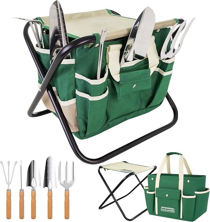 GardenHOME 7-Piece Gardening Tool Set – Stainless Steel Hand Tools with Wooden Handles, Folding Stool, and Canvas Tote Bag, Yard Maintenance Kit for Gardeners, Women, and Beginners