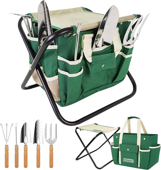 GardenHOME 7-Piece Gardening Tool Set – Stainless Steel Hand Tools with Wooden Handles, Folding Stool, and Canvas Tote Bag, Yard Maintenance Kit for Gardeners, Women, and Beginners