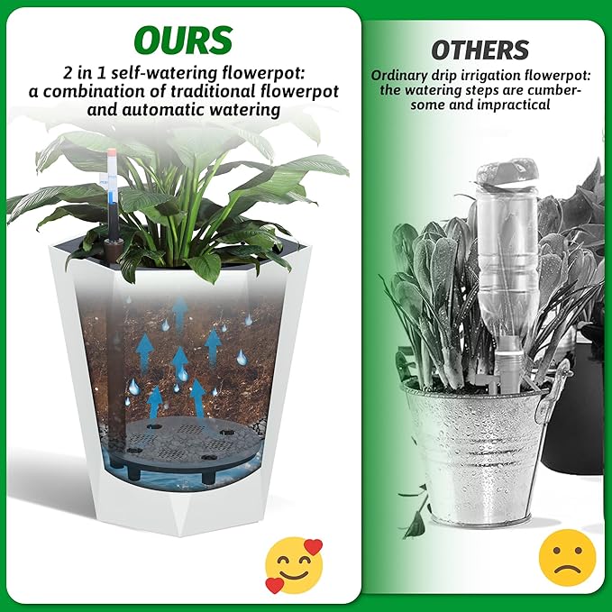 16 Inch Tall Outdoor Planters Set of 2, Self Watering Pots for Indoor Plants with Water Level Monitor & Drainage Hole & Wheels, Large Planter Pots for Garden, Patio, Balcony, White
