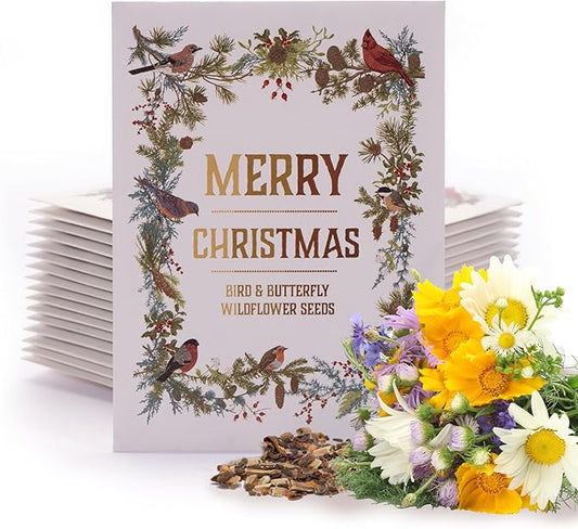 Bentley Seeds Co. Merry Christmas Wreath of Birds Holiday/Christmas Gift Tags | Non-GMO, Non Coated Bird & Butterfly Pollinator Wildflower Seed Mix | 25 Seed Packets