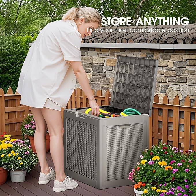35 Gallon Outdoor Storage Box, Waterproof Resin Deck Box with Lockable Lid, Patio Furniture Side Table & Storage Bin for Package Delivery, Patio Cushions, Garden Tools, Pool Accessories, Grey
