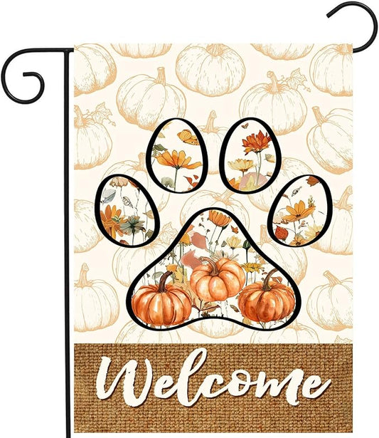 Welcome Fall Pumpkin Garden Flag Paw Print of Dog Autumn Wild Flower Yard Banner Outside Halloween Thanksgiving Outdoor Decor 12x18 Double Sided Small