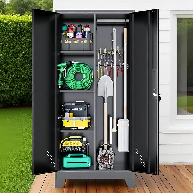 61" Outdoor Storage Cabinet, Heavy-Duty Metal Lockable Storage Cabinets with Ventilated Doors & Pegboard Hooks, Linen Storage Cabinet for Garage, Bathroom & Kitchen, Easy Assembly