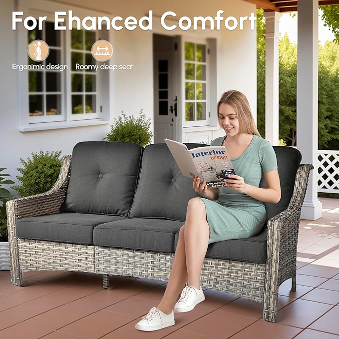 8 Pieces Patio Outdoor Furniture Set with Swivel Rocking Chairs,All Weather Wicker Rattan Patio Seating Sofa and Chair Set w/Ottoman,Outdoor Conversation Sets for Deck Yard Garden,Black
