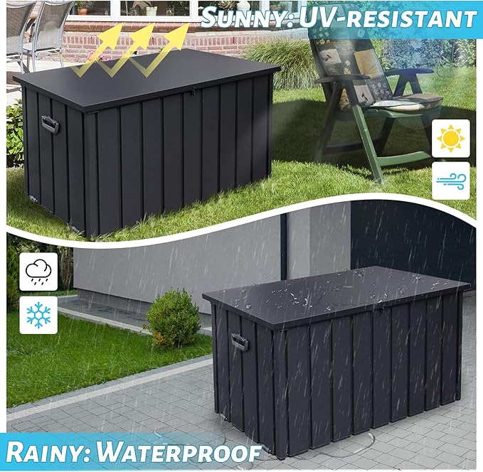 120 Gallon Metal Deck Box,Waterproof Outdoor Storage Box, Large Patio Furniture Storage Chest/Cabinet, Lockable Storage Bench for Porch Package Delivery,Cushions,Tools, Pool, Grey