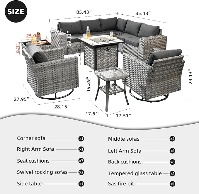 HOOOWOOO 10 Piece Modular Patio Outdoor Sectional Furniture Set with Gas Propane Fire Pit Table,Wicker Conversation Sofa Set with Swivel Chairs,Outside Couch Set(Black)