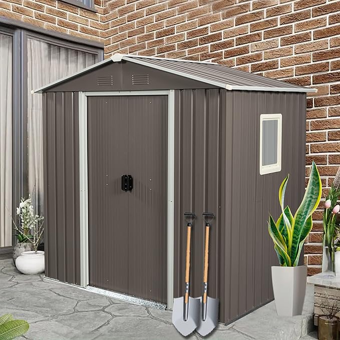 6x5 FT Outdoor Storage Shed, Metal Garden Shed with Frame Floor, Outside Tool Shed with Window, Waterproof Storage Building with Lockable Sliding Doors & Sloped Roof for Backyard, Patio, Warm Gray