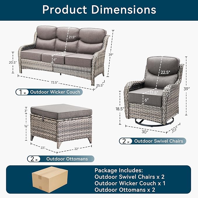 Luxury High Back Outdoor Furniture with 6-Inch Thick Cushions, Patio Furniture Set with Swivel Chairs, 5 PCS Wicker Conversation Set for Porch, Balcony, Deck and Yard