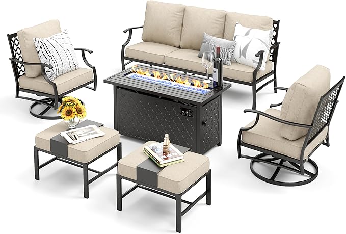 Patio Furniture Set, 6 Pcs Metal Outdoor Conversation Set, 2 Swivel Chairs, 2 Ottomans and 3 Seater Sofa with 5.75" Extra Thick Cushion and Gas Fire Pit Table, Beige