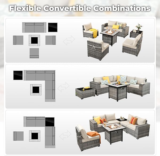 ovios 7 Pieces Patio Furniture Set, Outdoor Wicker Sectional Sofa with 30 Inch Fire Pit Table Comfy Cushions, Modern Modular Deep Seat Rattan Couch Conversation Set, Beige