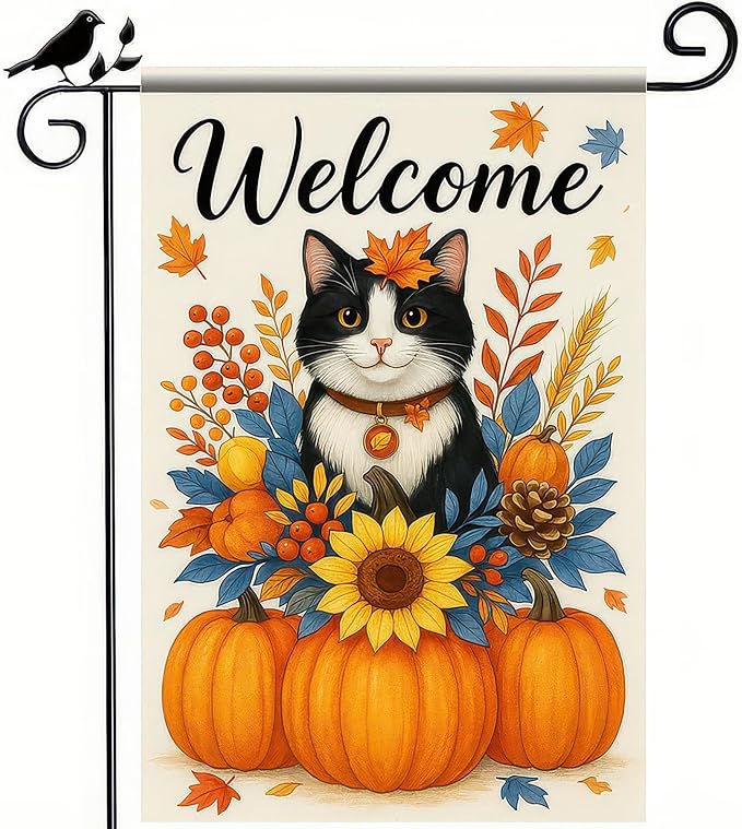 Thanksgiving Fall Garden Flag 12x18 Inch Welcome Cat with Pumpkins Outdoor Flag Double Sided Autumn Kitten Yard Banner with Sunflower Floral Decor for Porch Lawn Patio