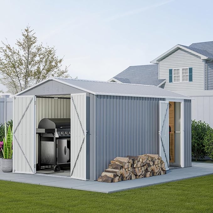8x12 FT Large Metal Outdoor Storage Shed with Reversible Door Installation, Outdoor Shed w/Aluminium Floor Fram and Lockable Door, Garden Tool Storage Cabinet for Backyard Patio Lawn, Gray