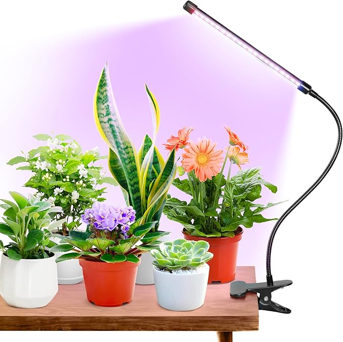Clip Grow Light for Indoor Plants, Red Blue Spectrum Plant Growing Lamp with 3 Switch Modes,10-Level Dimmable,Auto ON & Off,3/9/12H Timer,Adjustable Gooseneck,580 Lumen,Input Volateg 5W