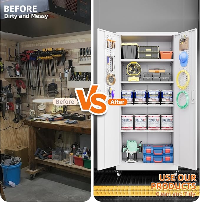 Metal Storage Cabinet with Wheels, Garage Storage Cabinet with 4 Adjustable Shelves and Pegboard for Garage Home Office Utility Room,73" H×31.57" W×15.71" D,Required Assembly,White