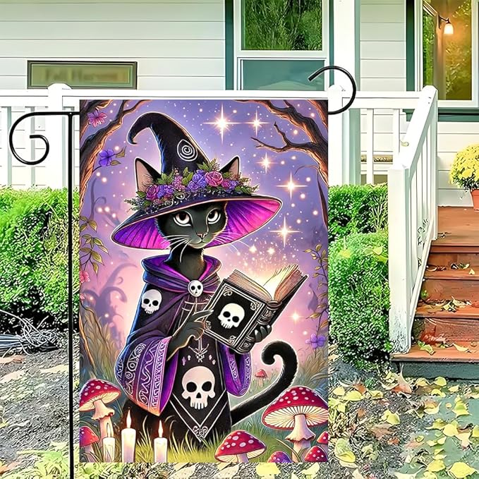 Halloween Garden Flag 11.81 x 17.72 Inch Black Cat in Witch Hat with Magic Book Candles Mushrooms and Starry Night Outdoor Yard Decoration for Holiday Party