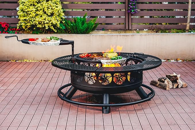 42 Inch BBQ Fire Pit with 2 Grills,3-in-1 Outdoor Round Metal Fire Pit Table with Lid,Fire Poker,Large Outdoor Wood Burning Firepits for Outside,Picnic,Bonfire Backyard Patio(Black)