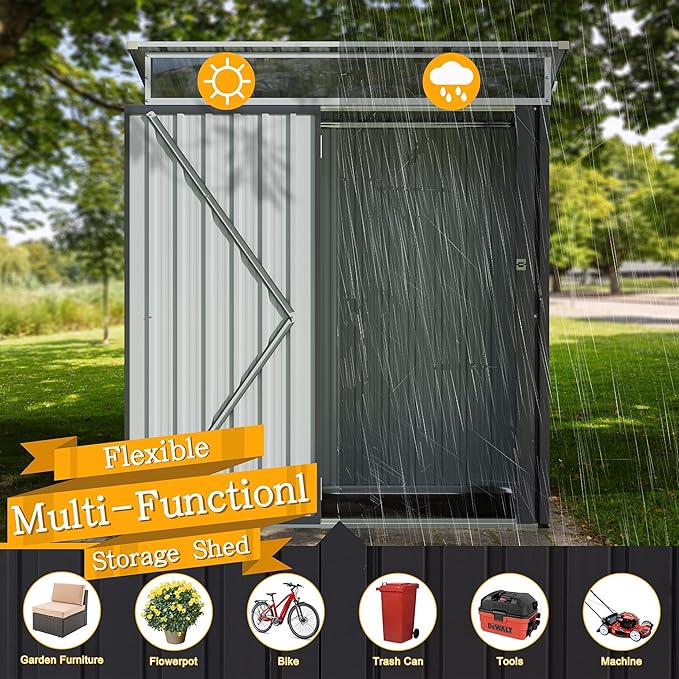 Shintenchi 5x3 FT Outdoor Storage Shed with Window, Outdoor Waterproof Storage Shed Metal Garden Shed with Lockable Single Door, Weather Resistant Tool Storage House Shed for Garden,Backyard,Dark Gray